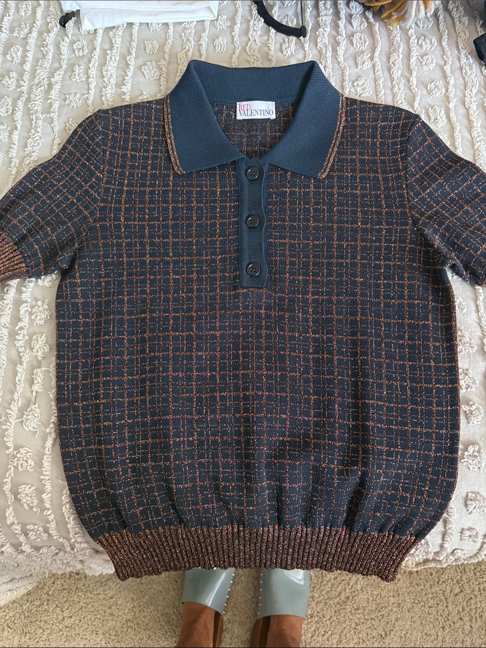 RED Valentino Navy & Copper Plaid Knit Polo - Size M - BNWOT